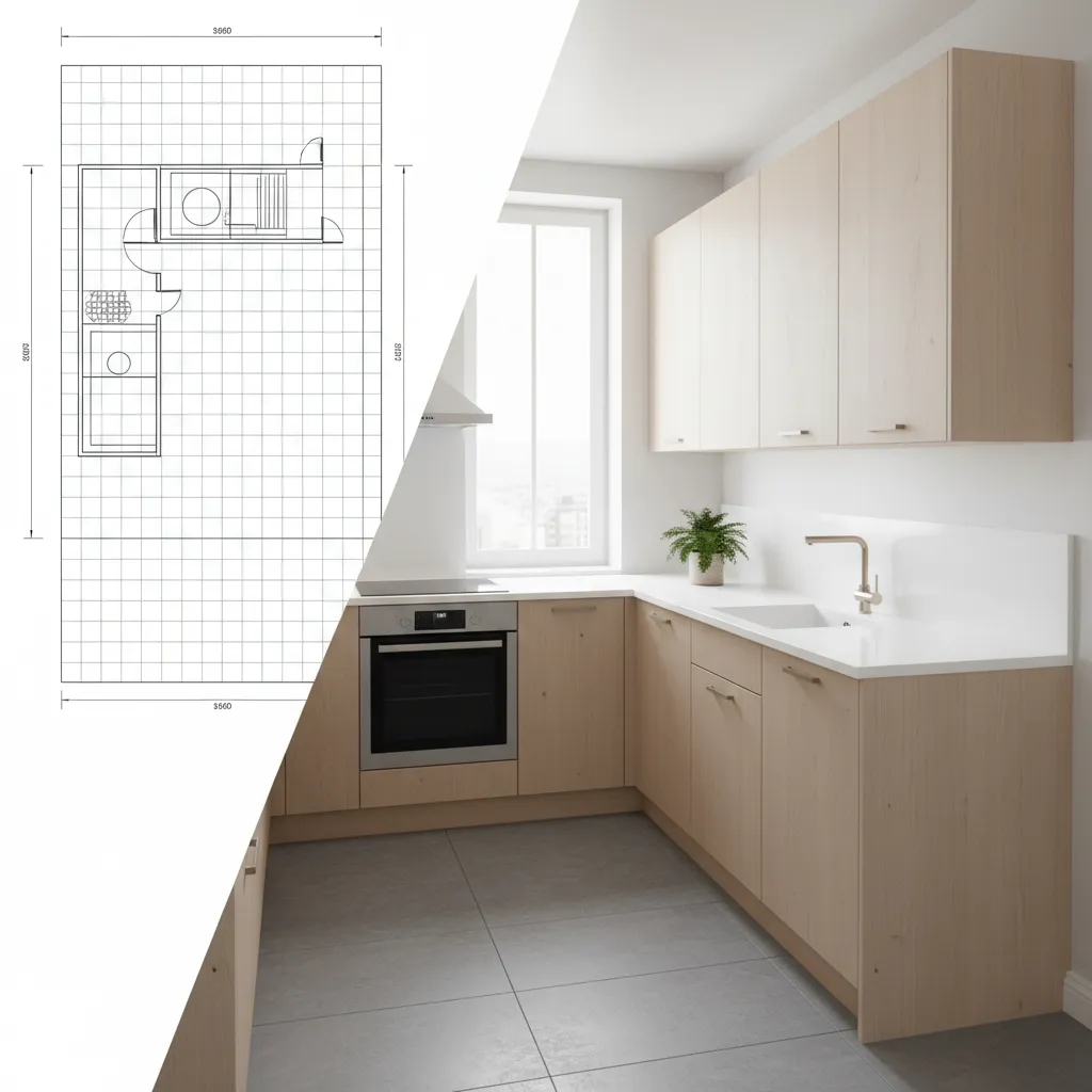 Diseño digital de cocina moderna con módulos estilo IKEA