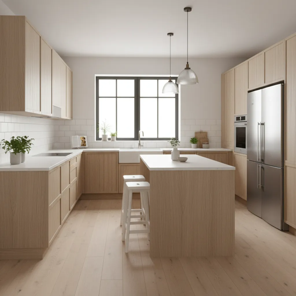 Modern kitchen featuring wood cabinets, center island with white stools, large window, and ceiling lights