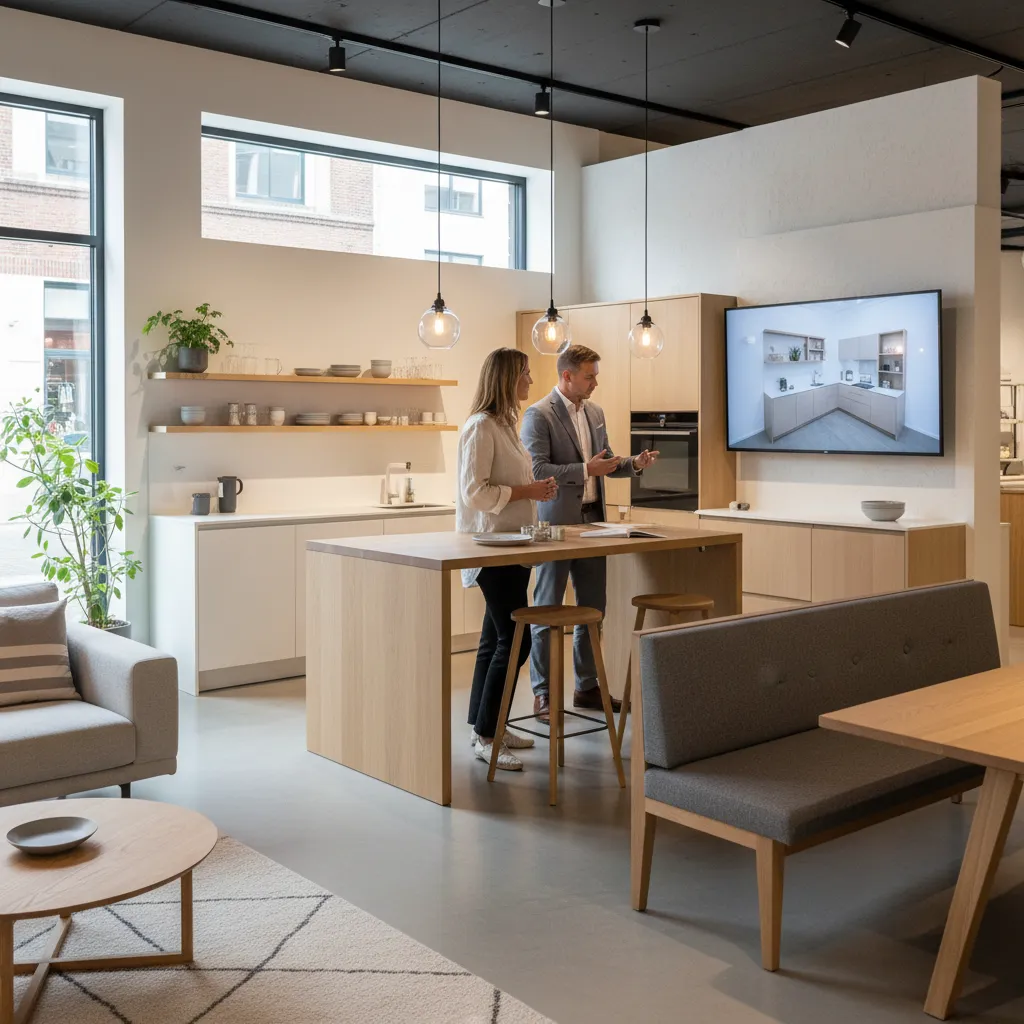 Cliente revisando el diseño de su cocina con un planificador digital en una tienda de muebles