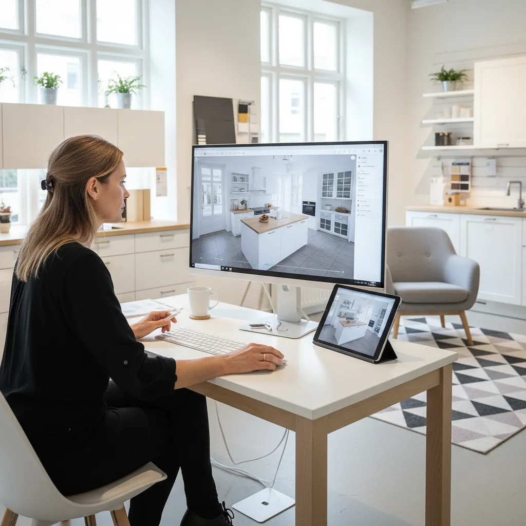 Homeowner reviewing IKEA kitchen layout design on computer planner