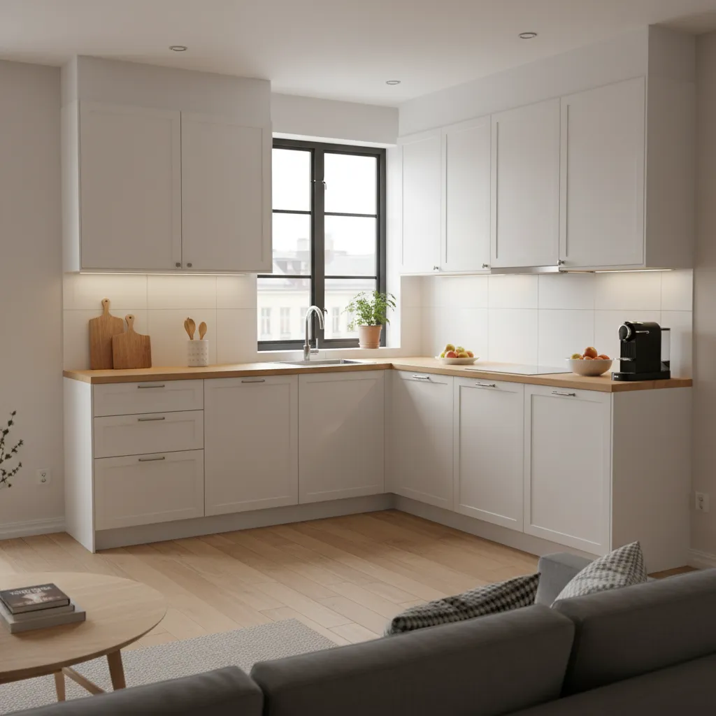 Realistic IKEA kitchen with L-shaped layout and dining area