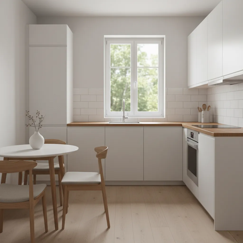 Realistic IKEA kitchen layout with white cabinets wood countertops and simple appliances