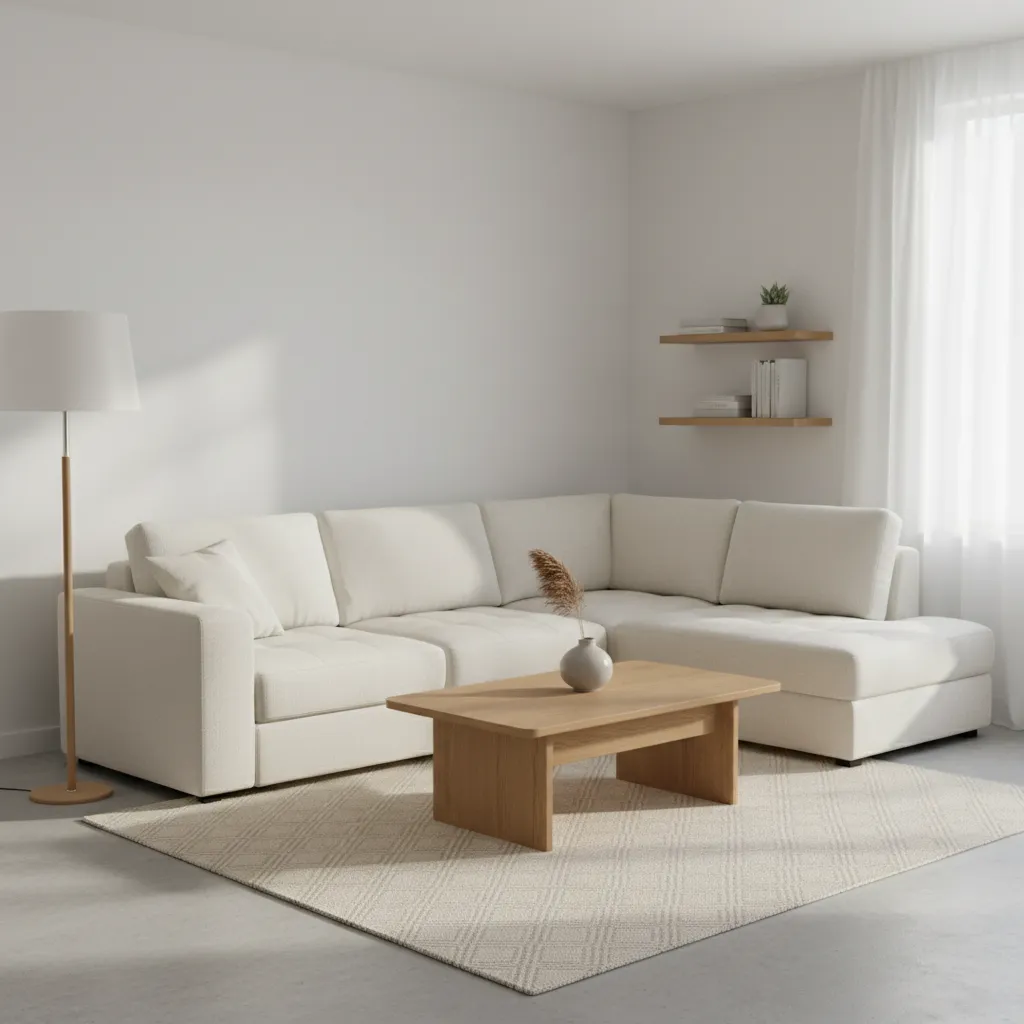 Salón con muebles base funcionales estilo IKEA y decoración neutra