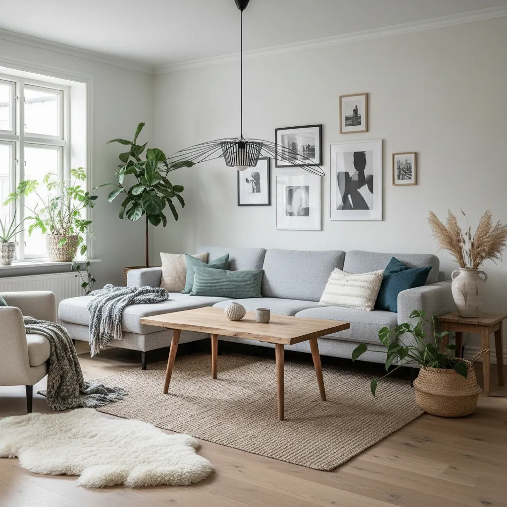 Scandinavian living room with grey sofa wooden coffee table black ceiling light jute rug plants