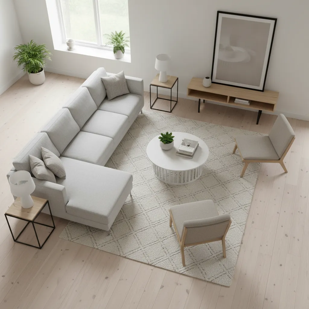 Distribución de salón moderno con sofá, mesa y alfombra