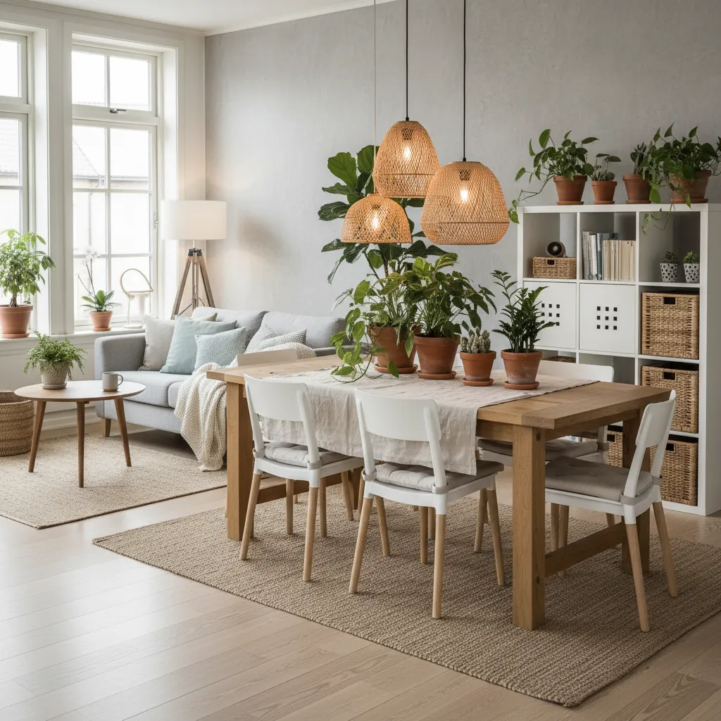 Wooden dining table with white chairs and woven ceiling lights in a bright sunny room
