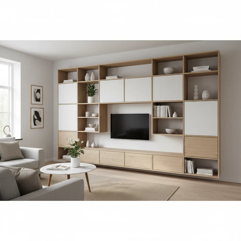 Minimalist living room with large modular wall shelf, TV, wood cabinets, sofa, and coffee table