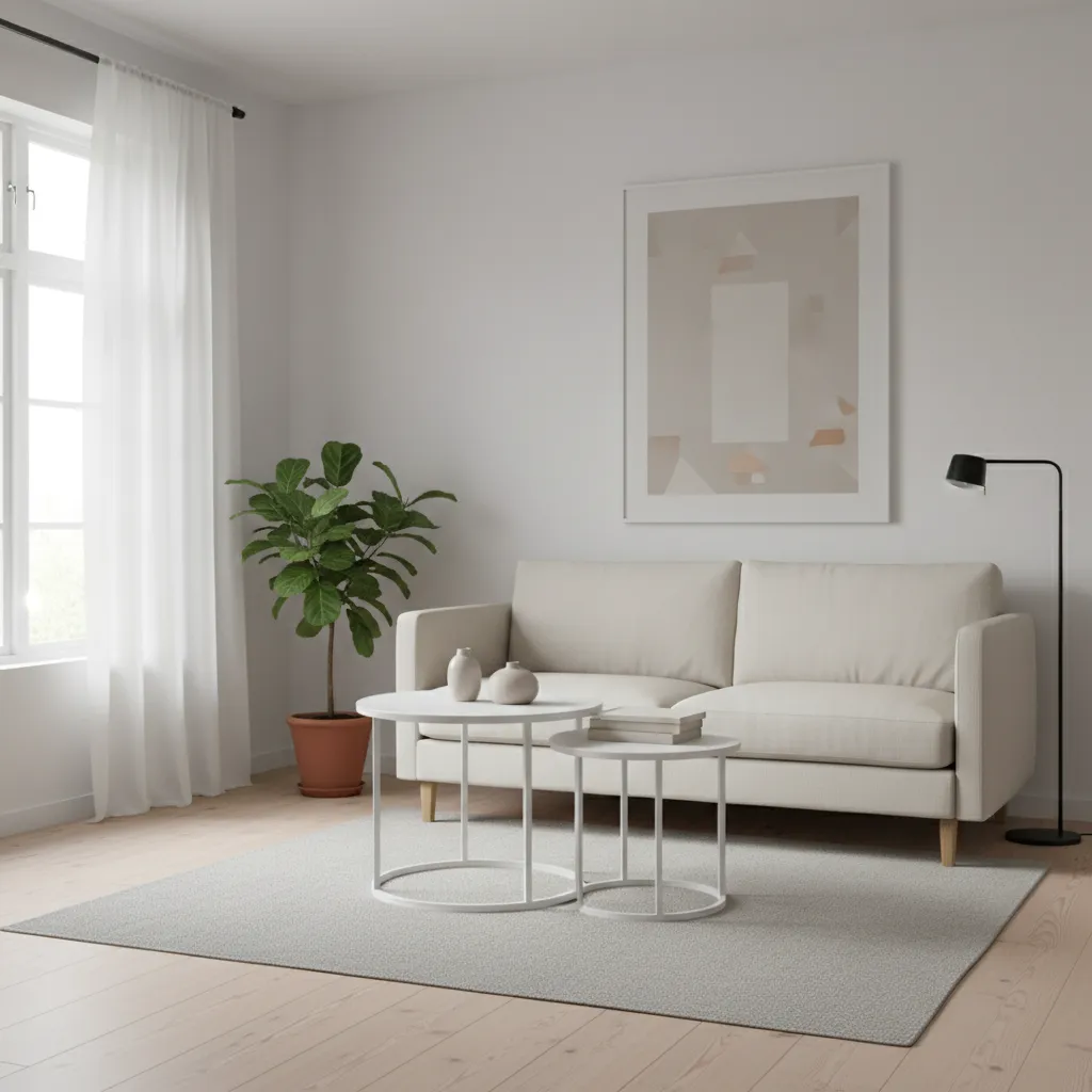 IKEA nesting tables in a minimalist small living room layout