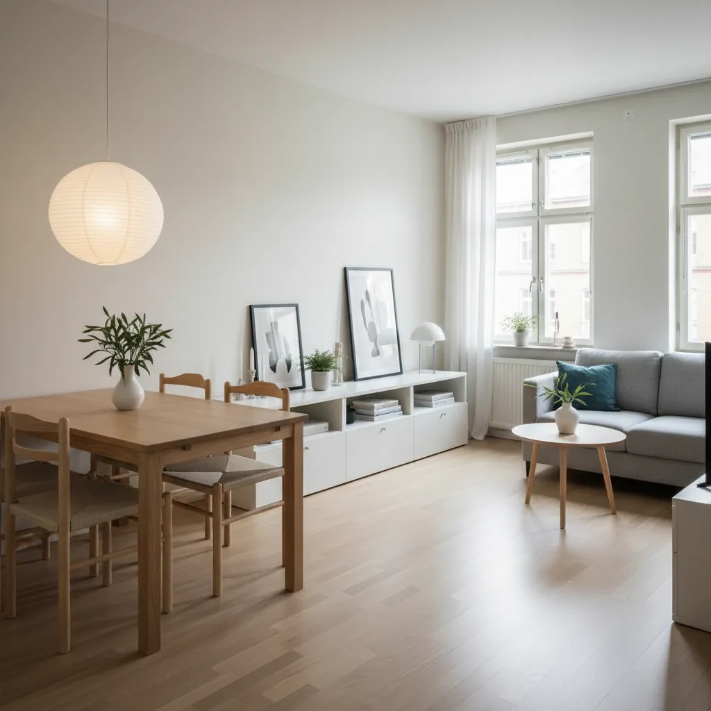 Bright open plan room with wood dining table, white cabinet, sofa, and round ceiling light