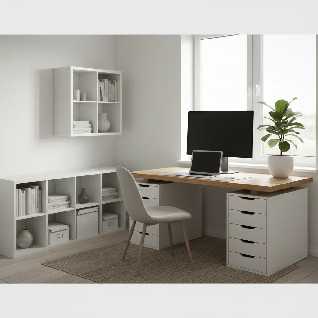 small apartment home office with IKEA desk drawers and shelving