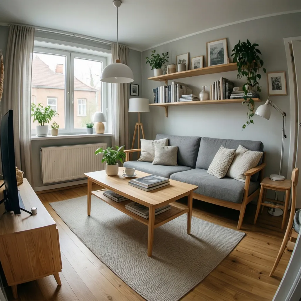 Cozy living room with grey sofa wooden coffee table wall shelves plants and bright light