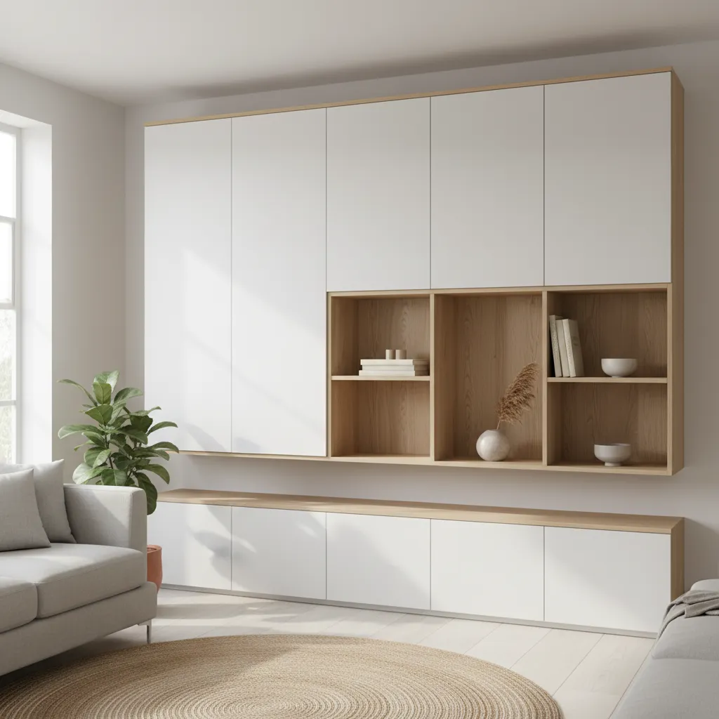 Modern white and wood wall cabinet with open shelves in a bright living room rug