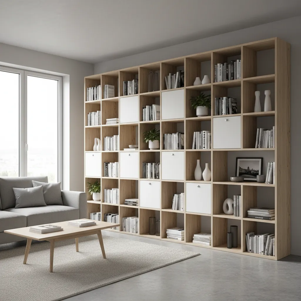 IKEA style modular shelving and storage furniture in modern apartment interior