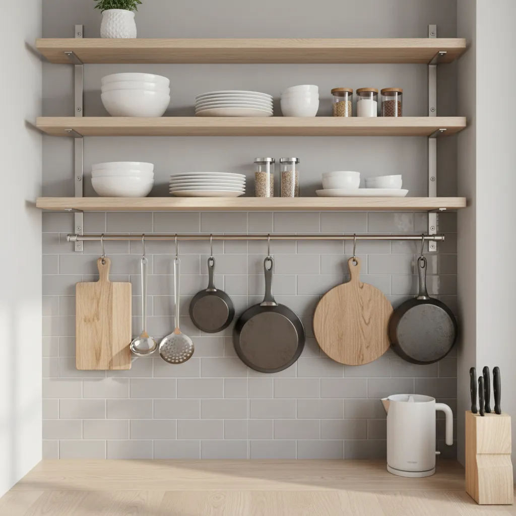 tiny kitchen wall storage with IKEA rails shelves and hanging utensils