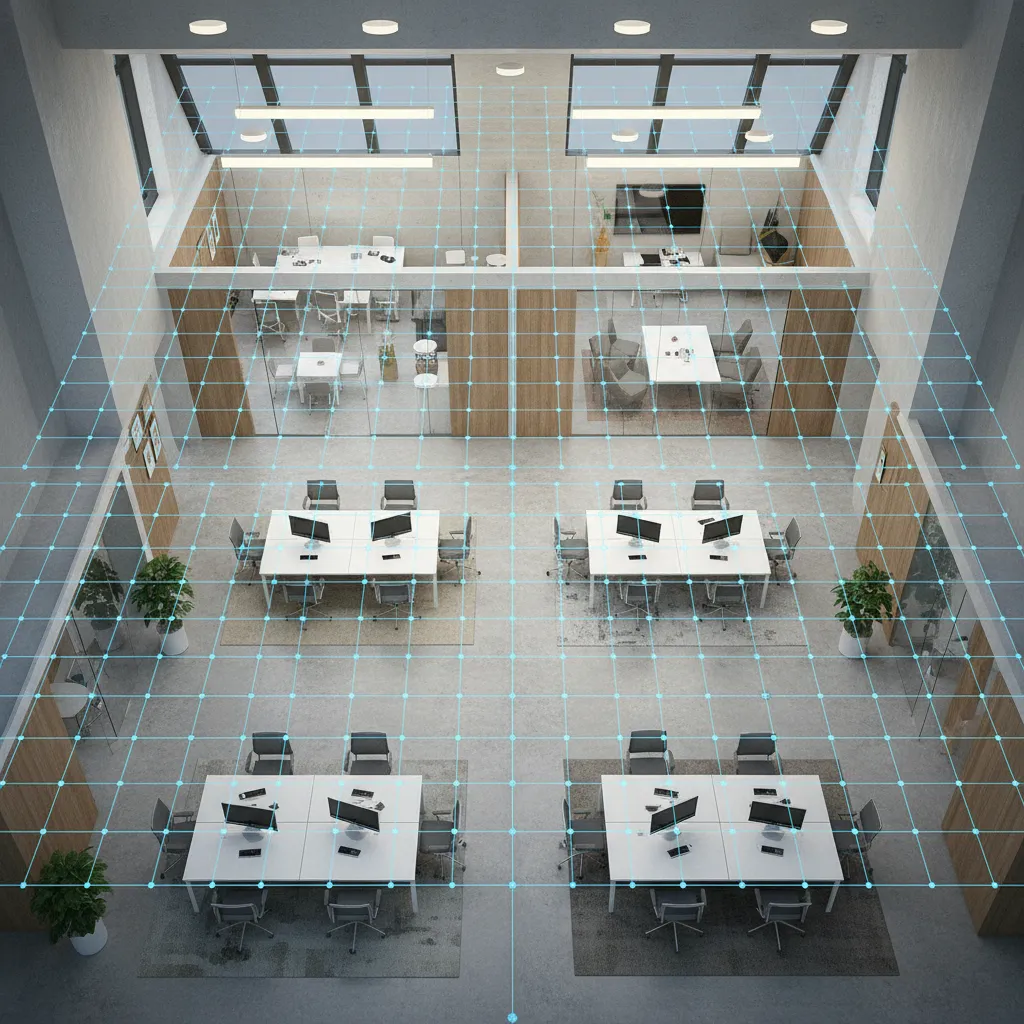 Illuminance calculation grid overlay in a simulated office lighting plan