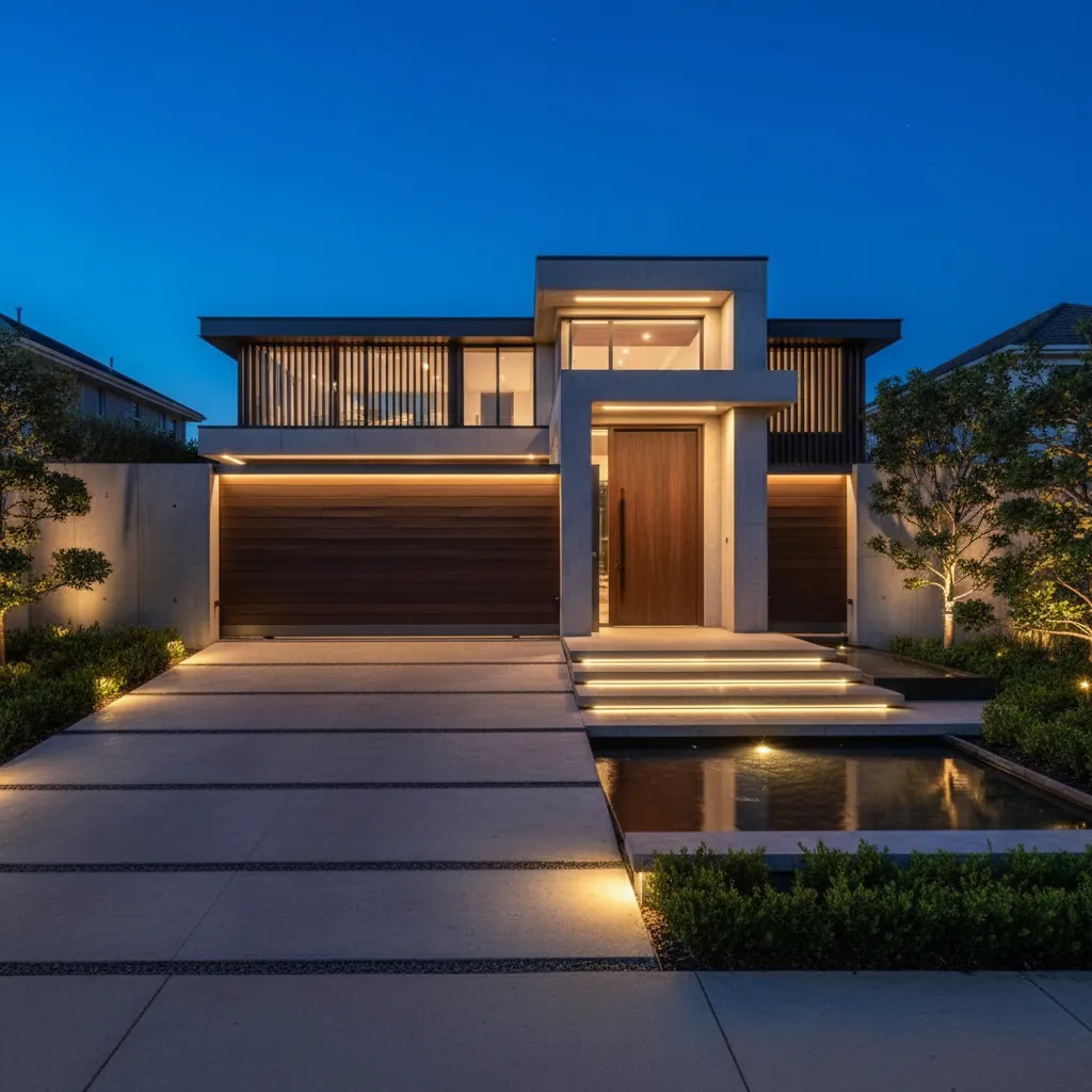 Portal de casa con iluminación integrada por la noche