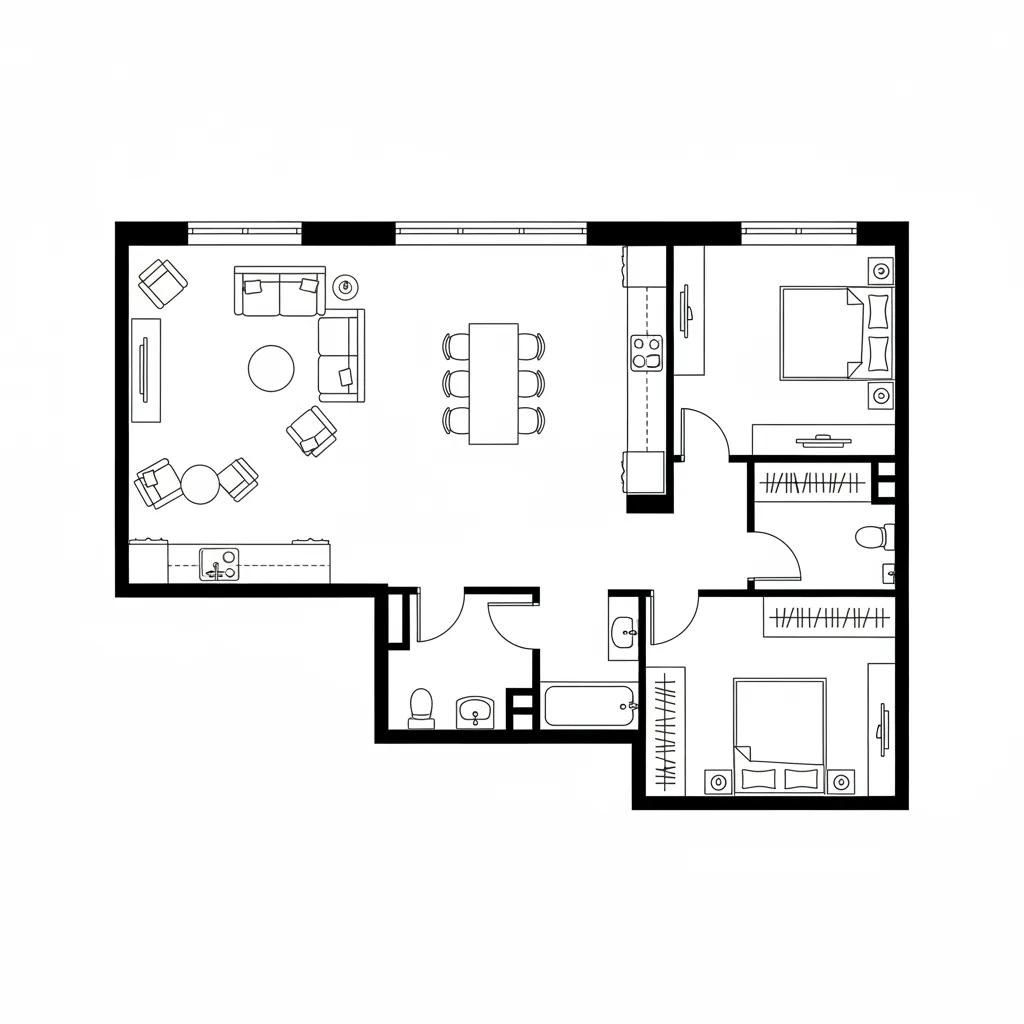 Black and white room layout showing a two bedroom apartment with living room kitchen bathrooms