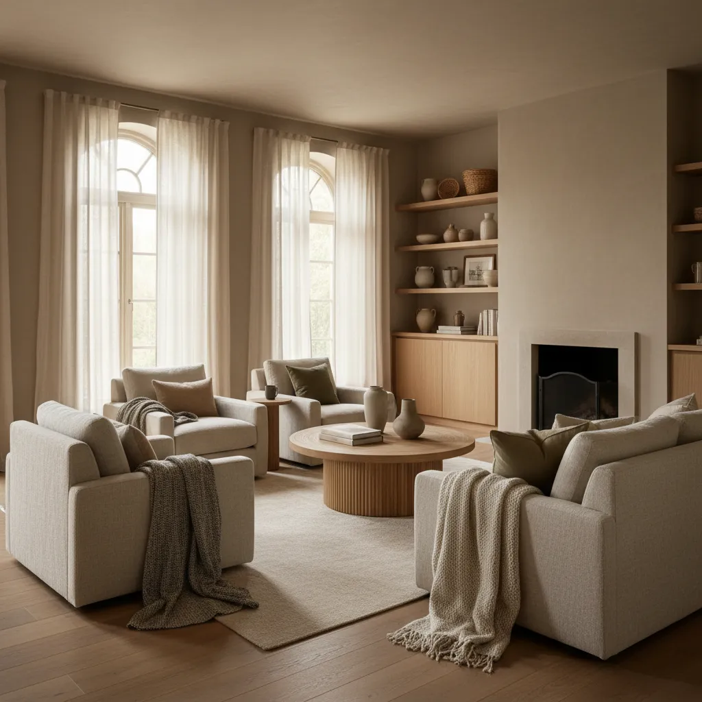 Minimalist beige living room with four armchairs round wooden table fireplace and light white curtains