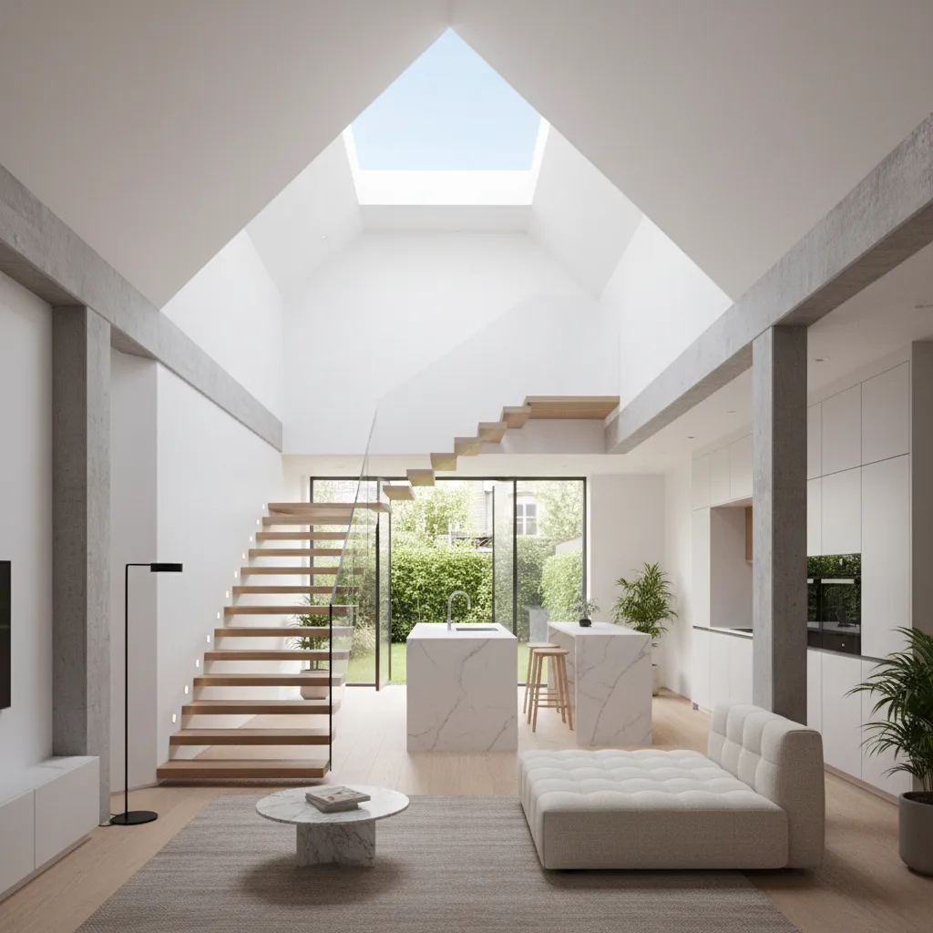 interior de casa geminada estreita com iluminação natural e claraboia