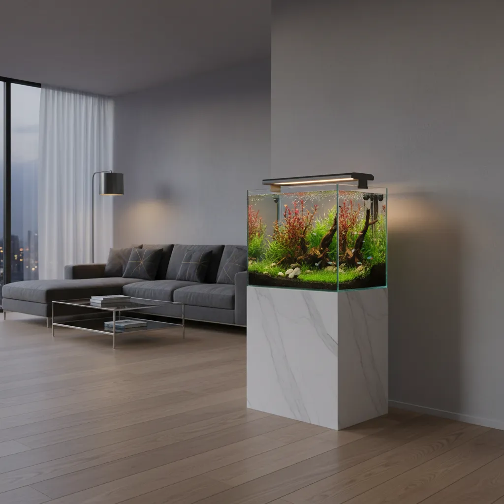 Acuario pequeño con iluminación LED decorativa