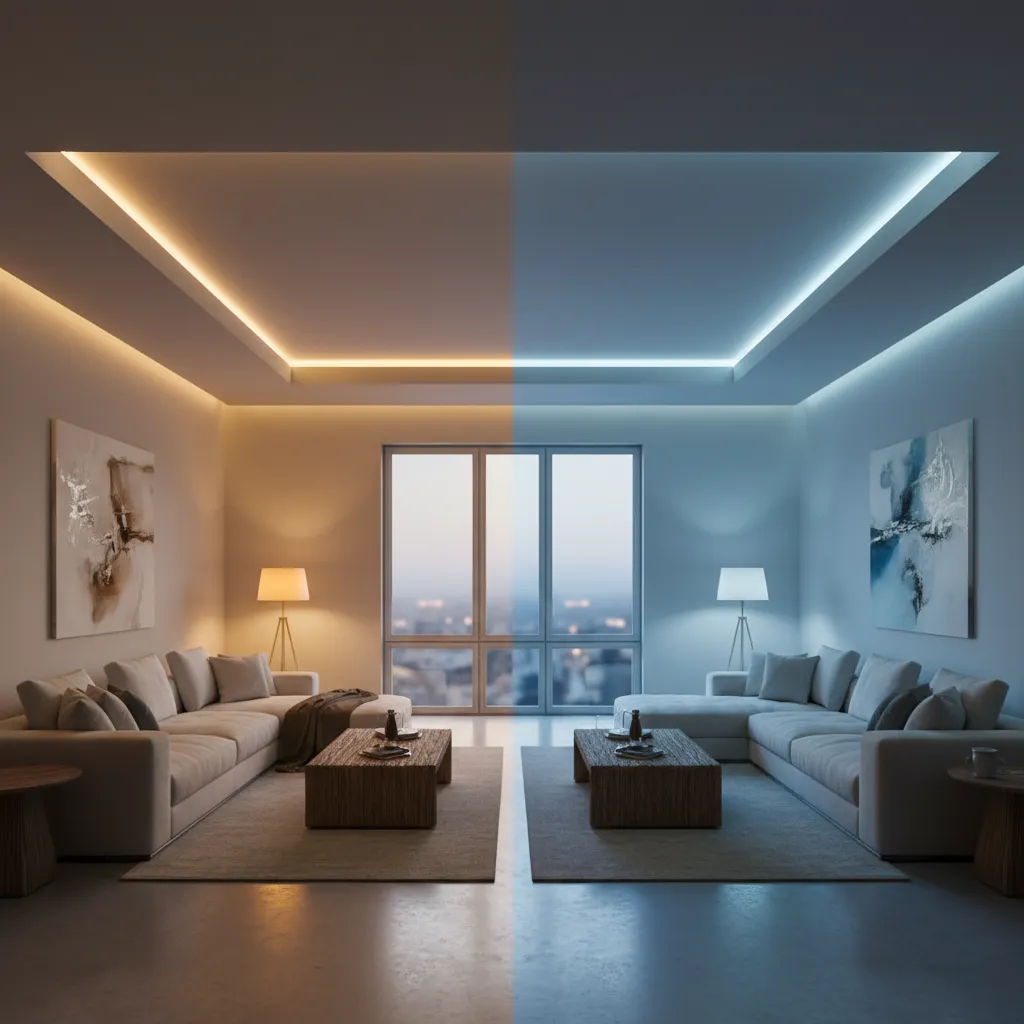 Comparison of a modern living room with warm yellow lighting versus cool blue lighting effects