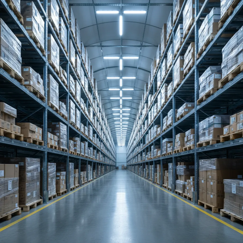 Sistema de iluminación LED en pasillos de estanterías de un almacén