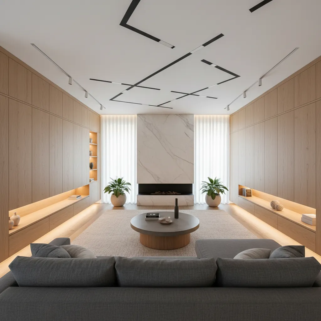 Living room with wooden wall panels marble fireplace round table grey sofa and ceiling light