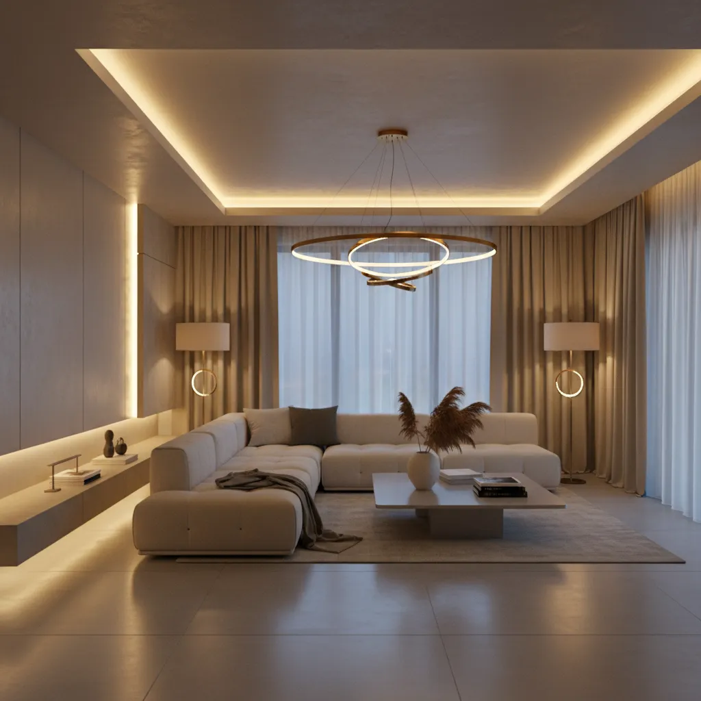 Interior moderno con iluminación ambiental por capas