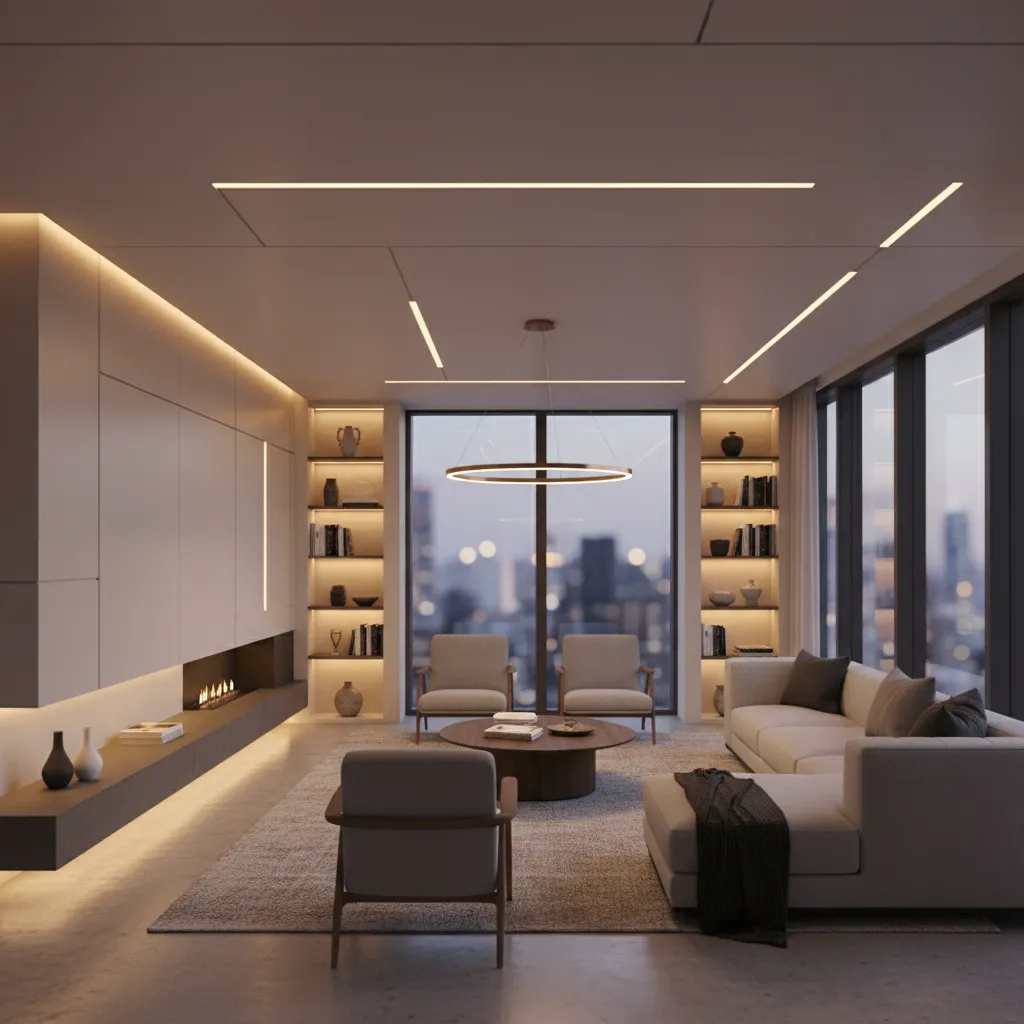 Iluminación ambiental integrada en un salón moderno