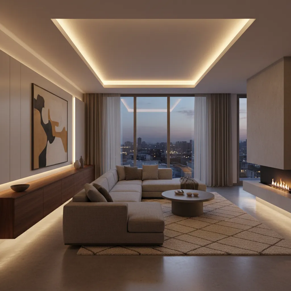 Salón moderno con iluminación ambiental indirecta