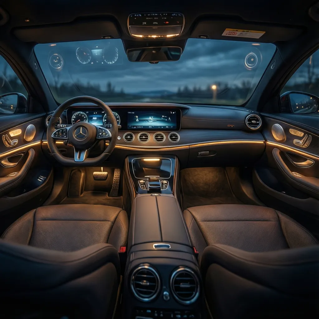 Car interior layout at night with warm orange light glow on dashboard and leather seats