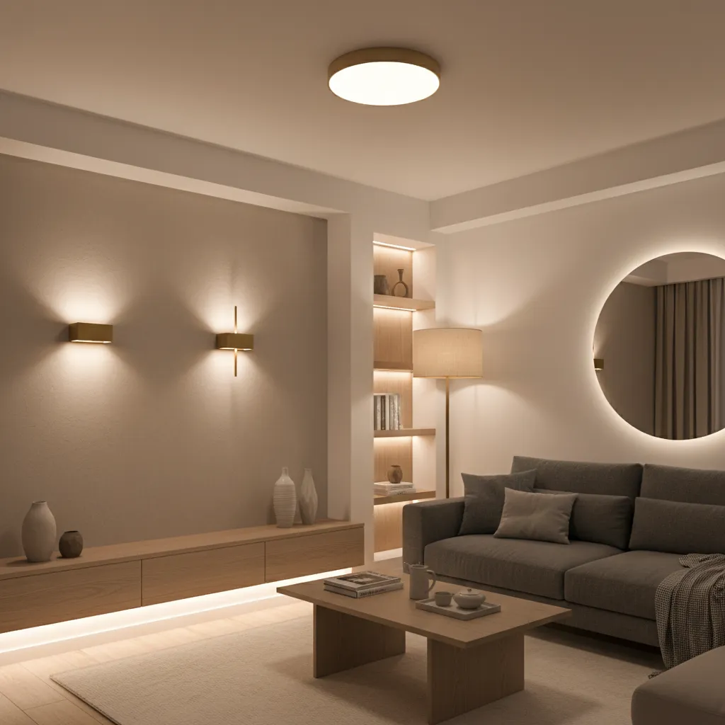 Apartamento pequeño con iluminación en capas: lámparas de techo, pared y ambiente
