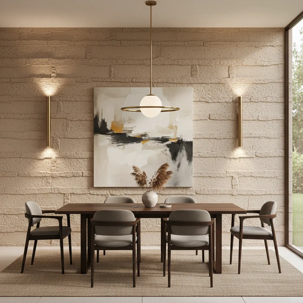 Comedor con iluminación de apliques destacando la pared decorada