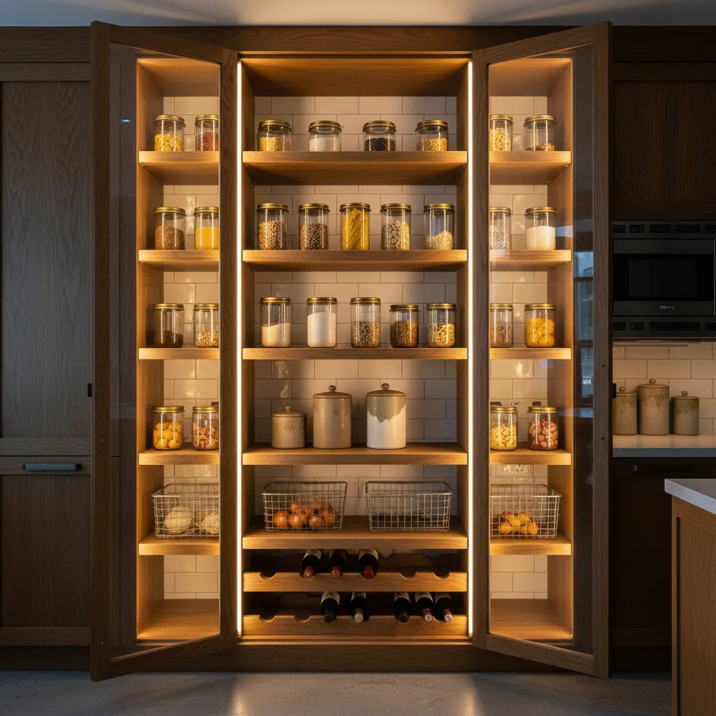Dark wood cabinet with glass doors interior lights glass jars wire baskets and wine rack