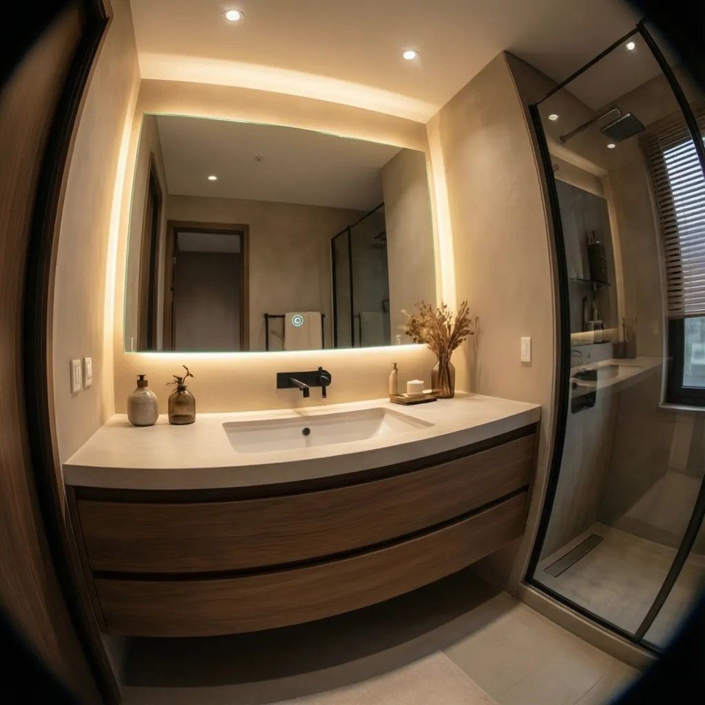 Modern bathroom interior design drawing with large backlit mirror wooden cabinet white sink and shower