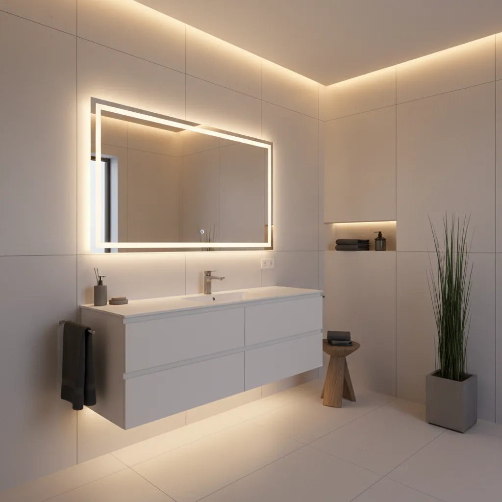 Modern bathroom featuring glowing rectangular mirror, white floating cabinet, ceiling lights, and tall potted plant