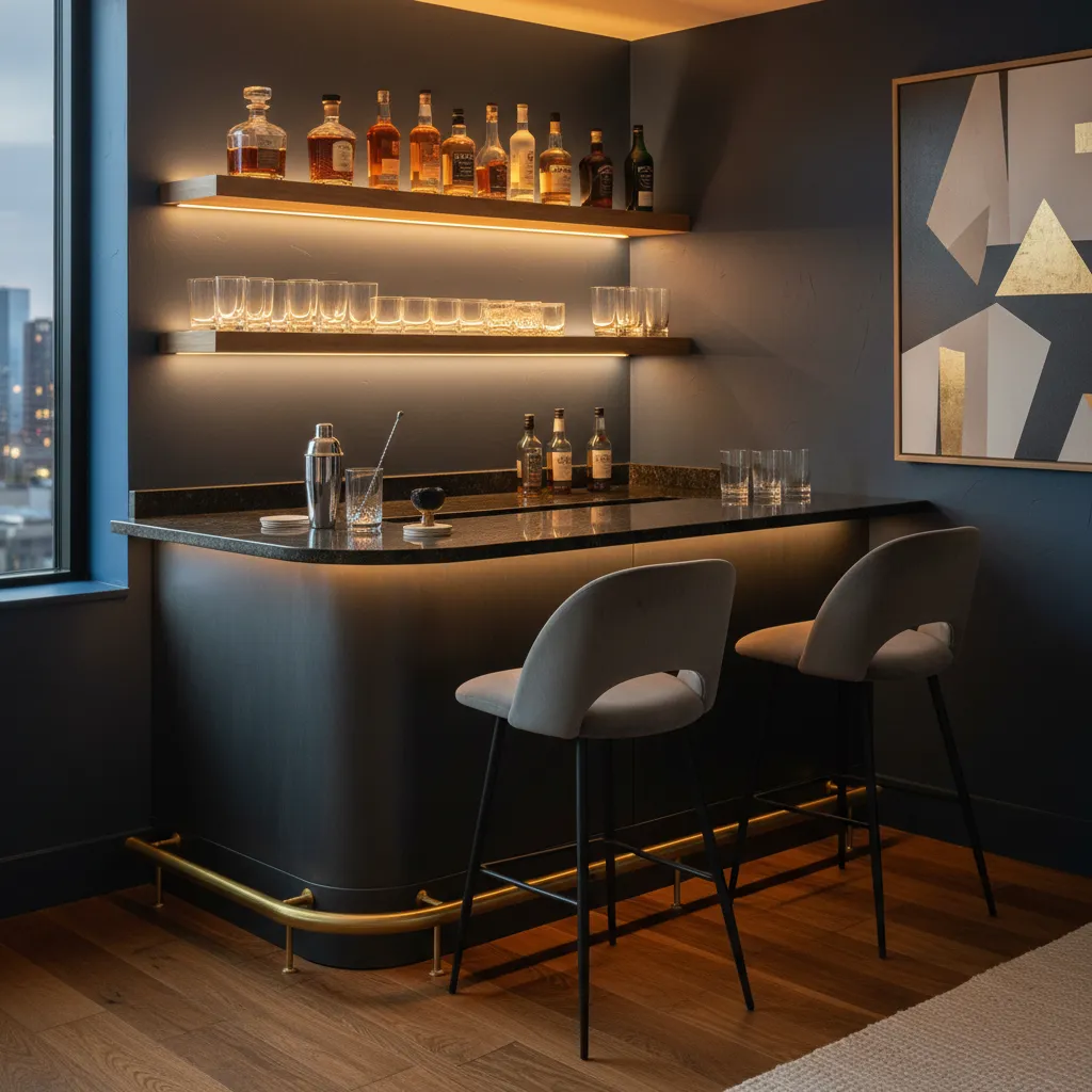 Bar doméstico con iluminación LED cálida bajo estanterías