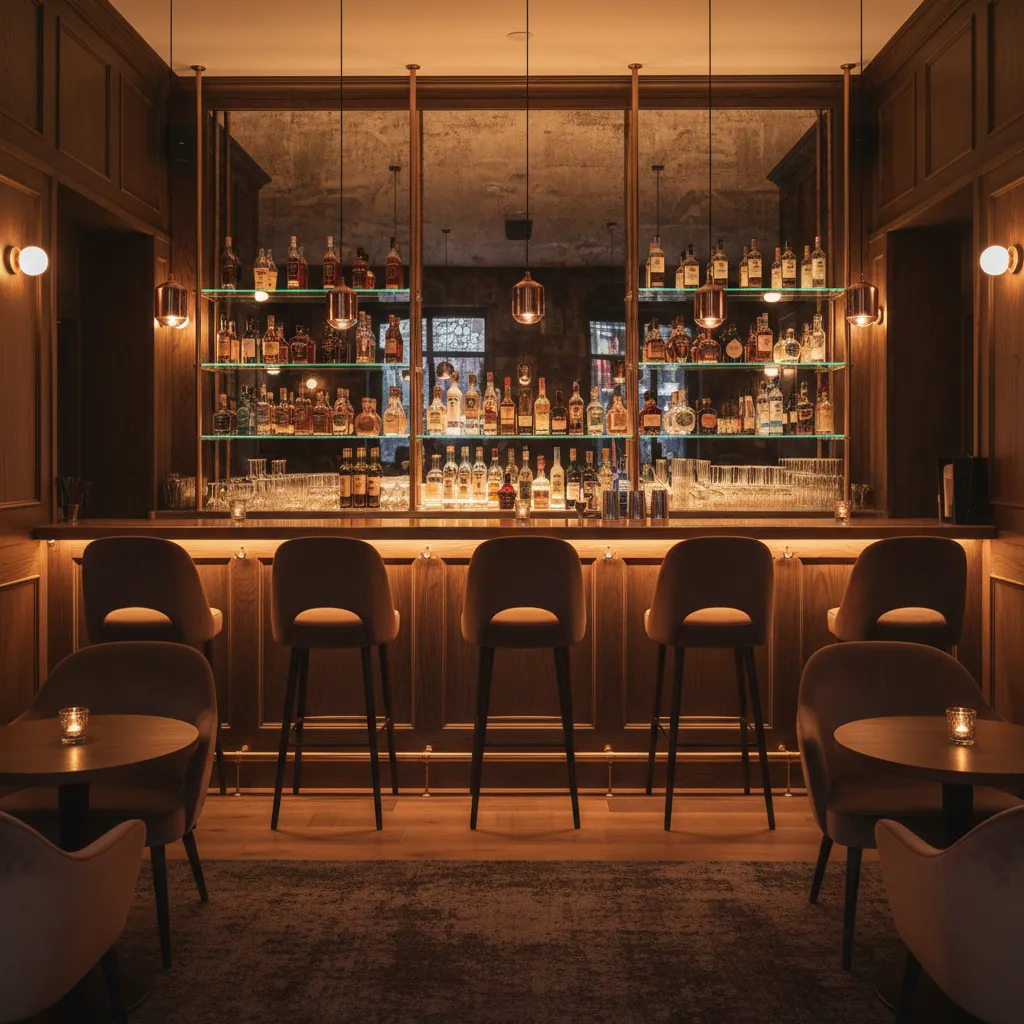 Elegant bar counter with lit shelves of liquor bottles, high stools, and warm light fixtures