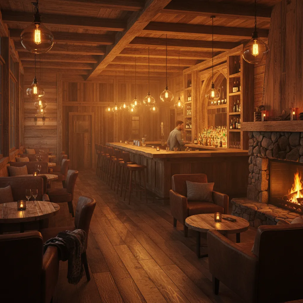 Iluminación cálida en un bar rústico con lámparas colgantes