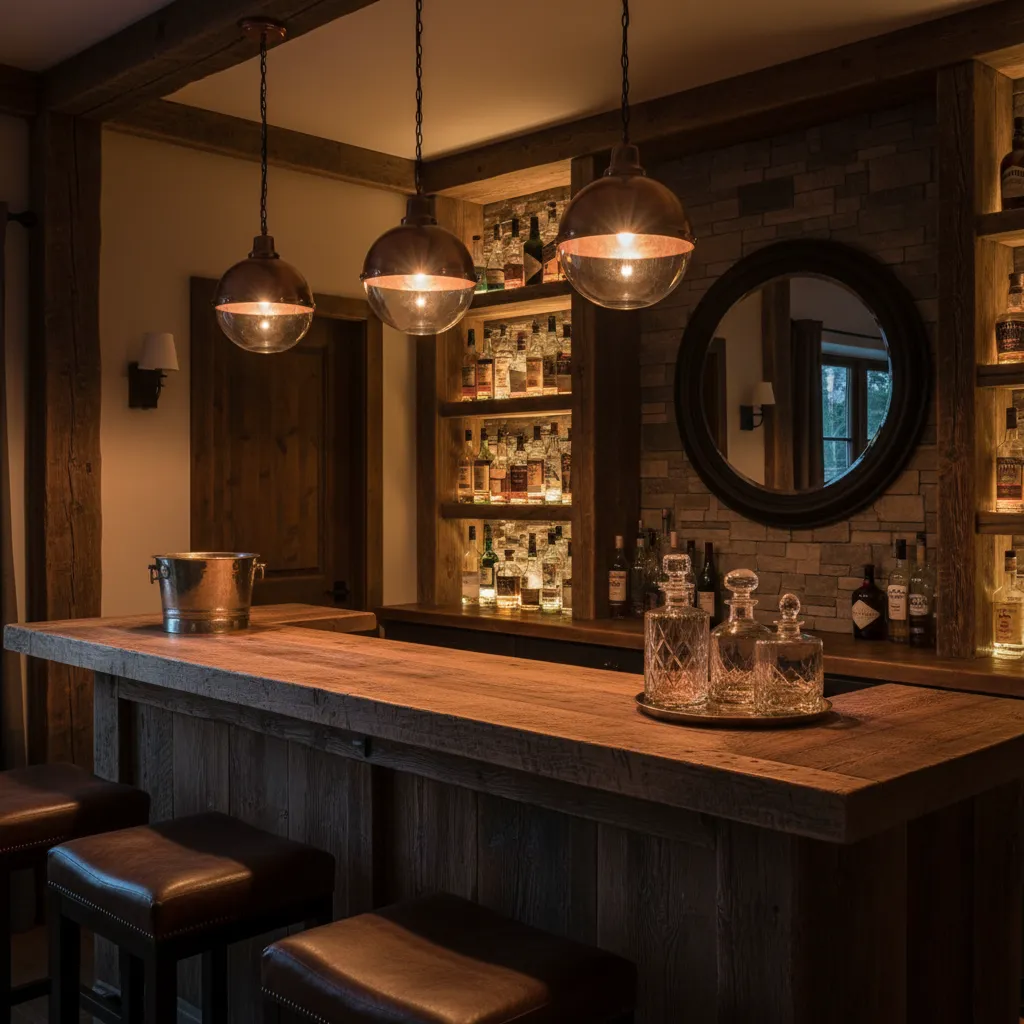 Close-up of a wooden bar counter with three glass ceiling lights and brown leather stools