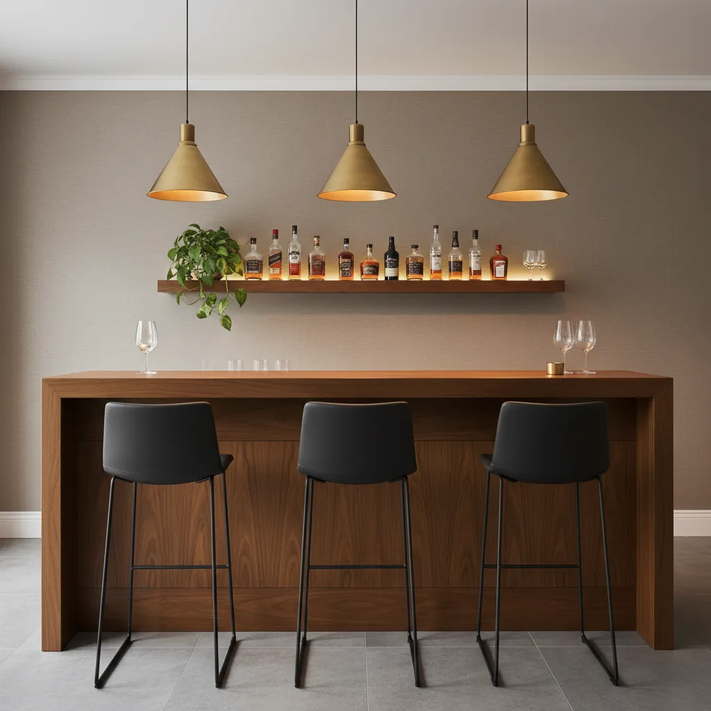 Iluminación colgante sobre una barra de bar doméstica