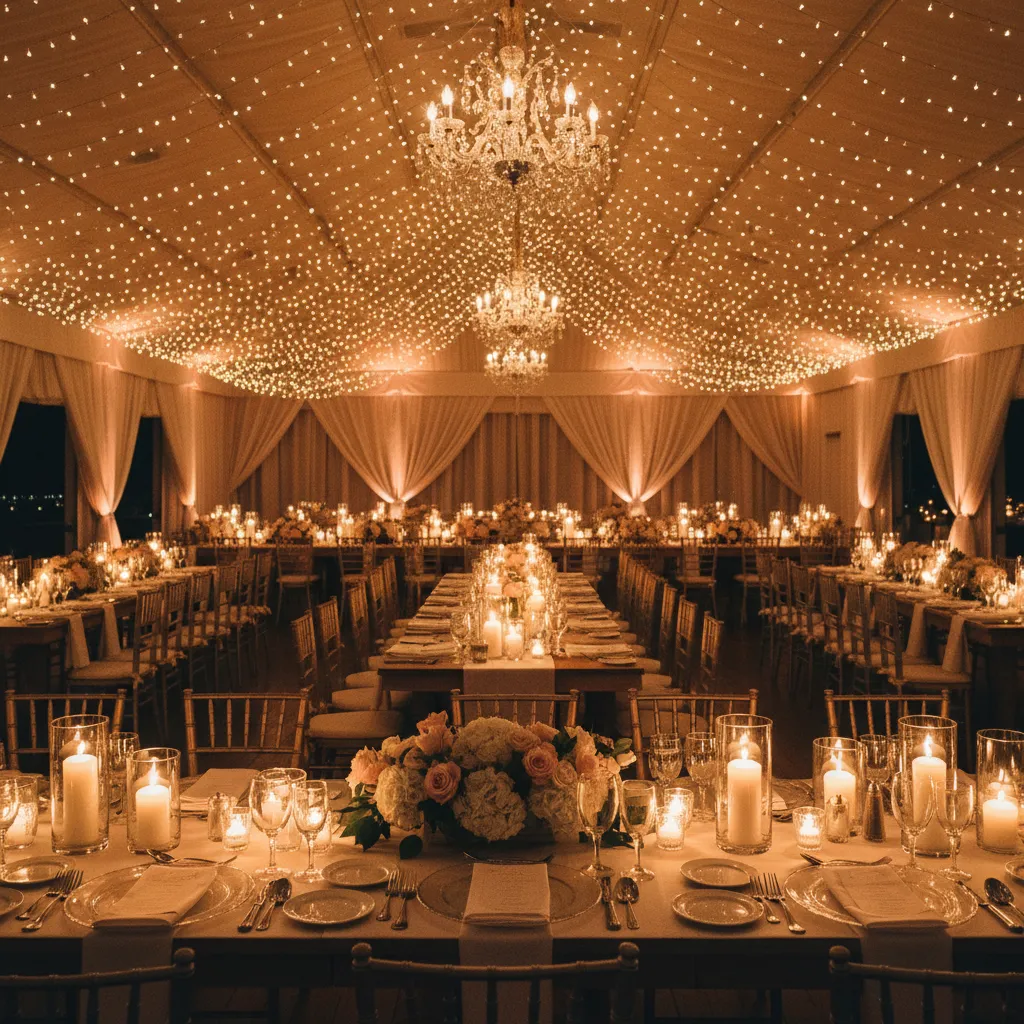 Iluminación cálida con guirnaldas y velas en una boda interior