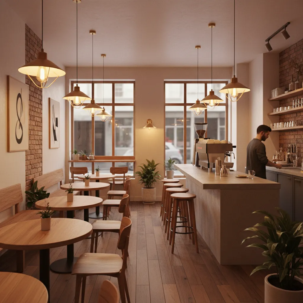 iluminación cálida en cafetería pequeña moderna