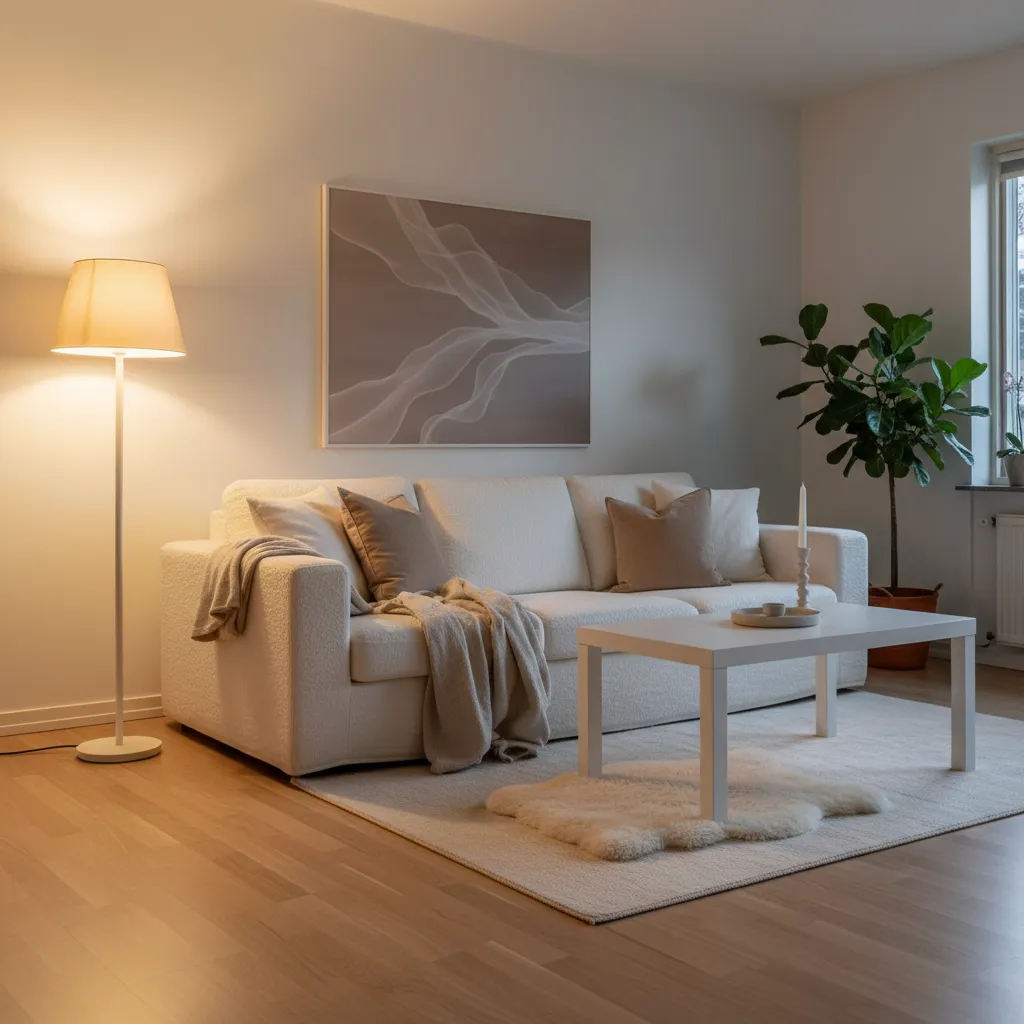 Sala blanca iluminada con lámparas cálidas y ambiente acogedor