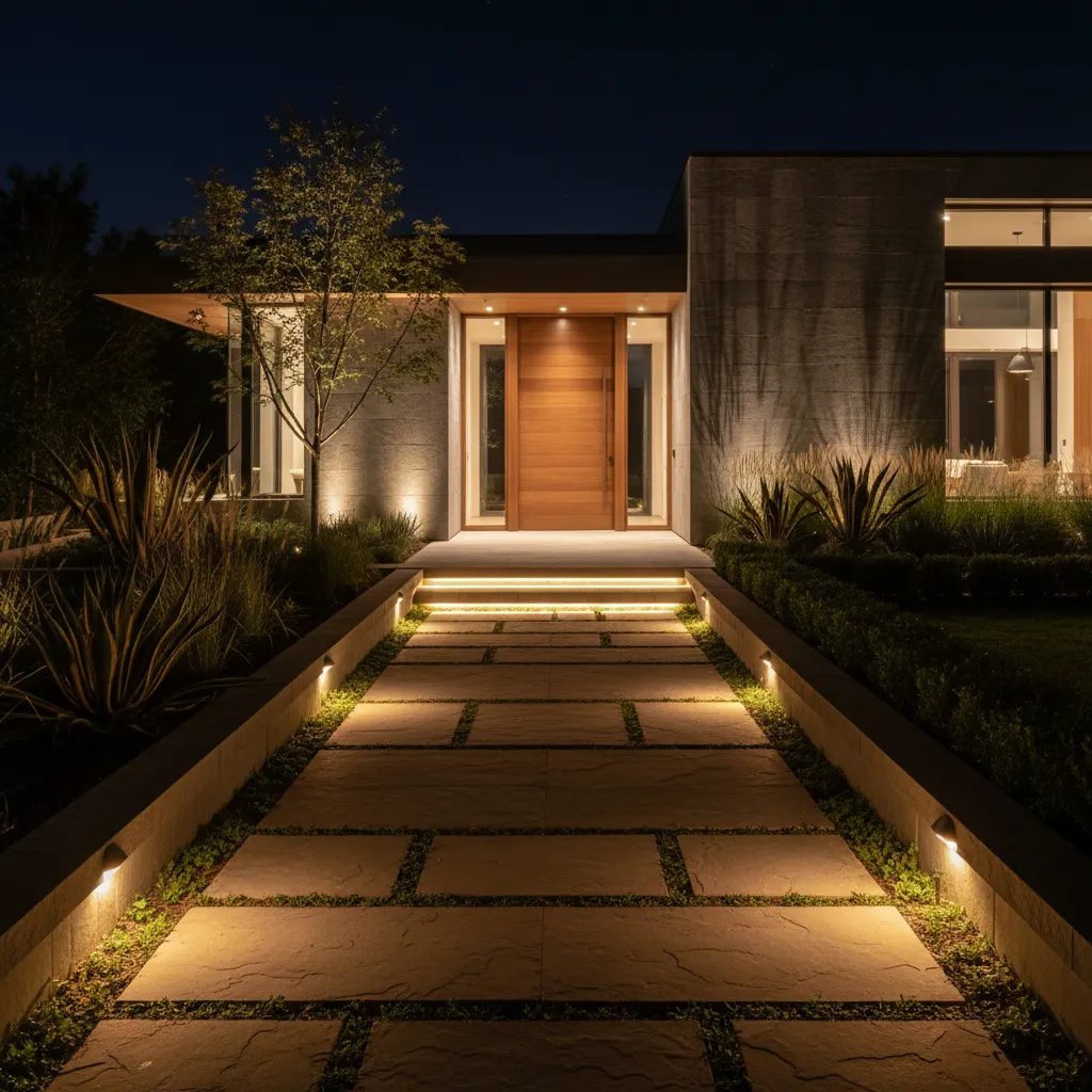 Modern home entrance at night featuring a lit stone path and warm outdoor wall lights