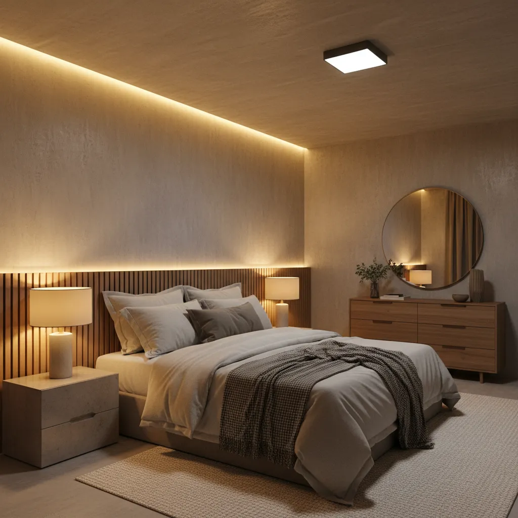 Dormitorio con varias capas de iluminación ambiental y funcional