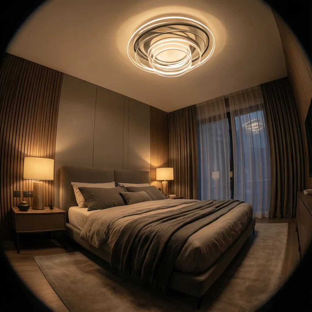 Dormitorio con iluminación en capas: techo, lámparas y luz ambiental