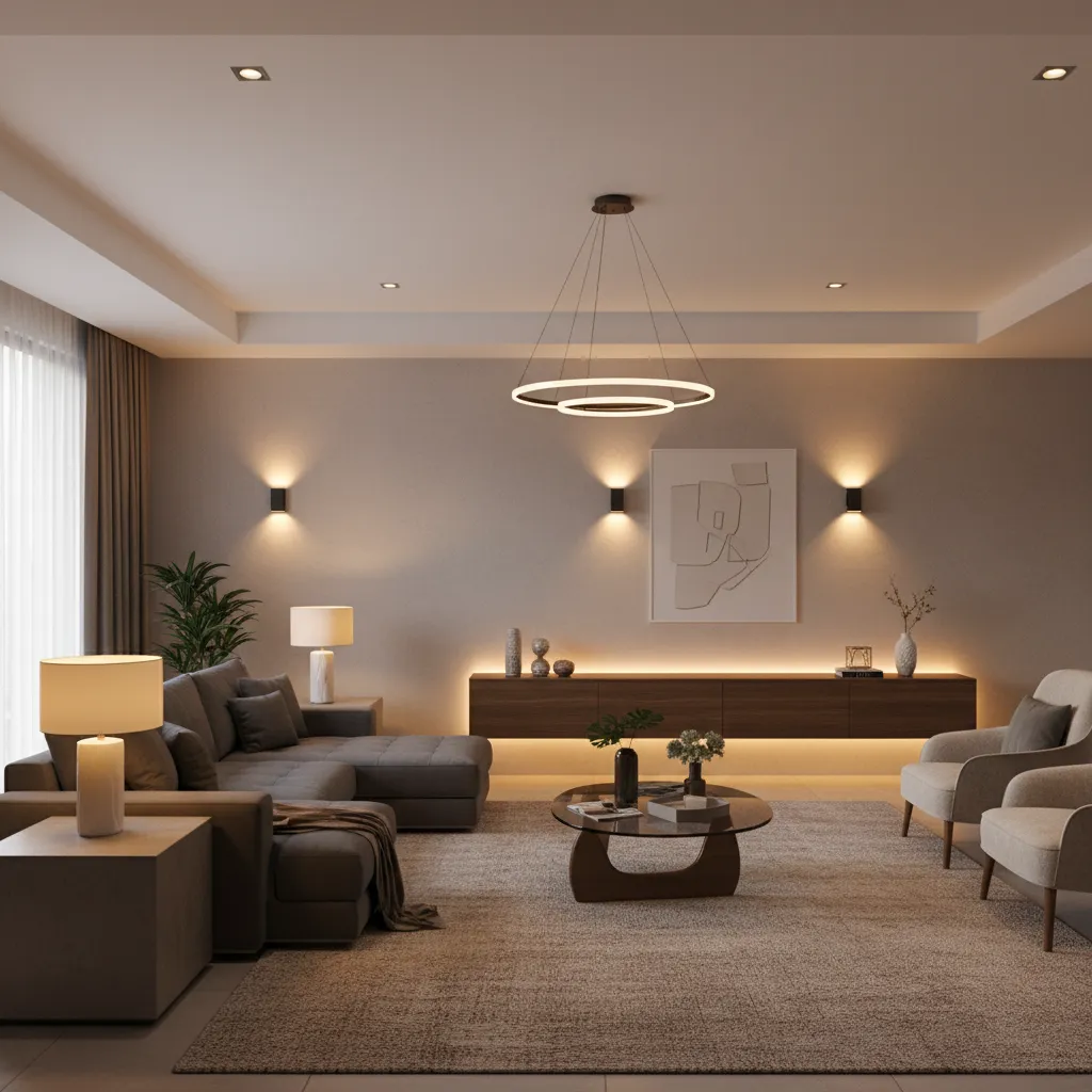 Ejemplo de iluminación por capas en un salón moderno