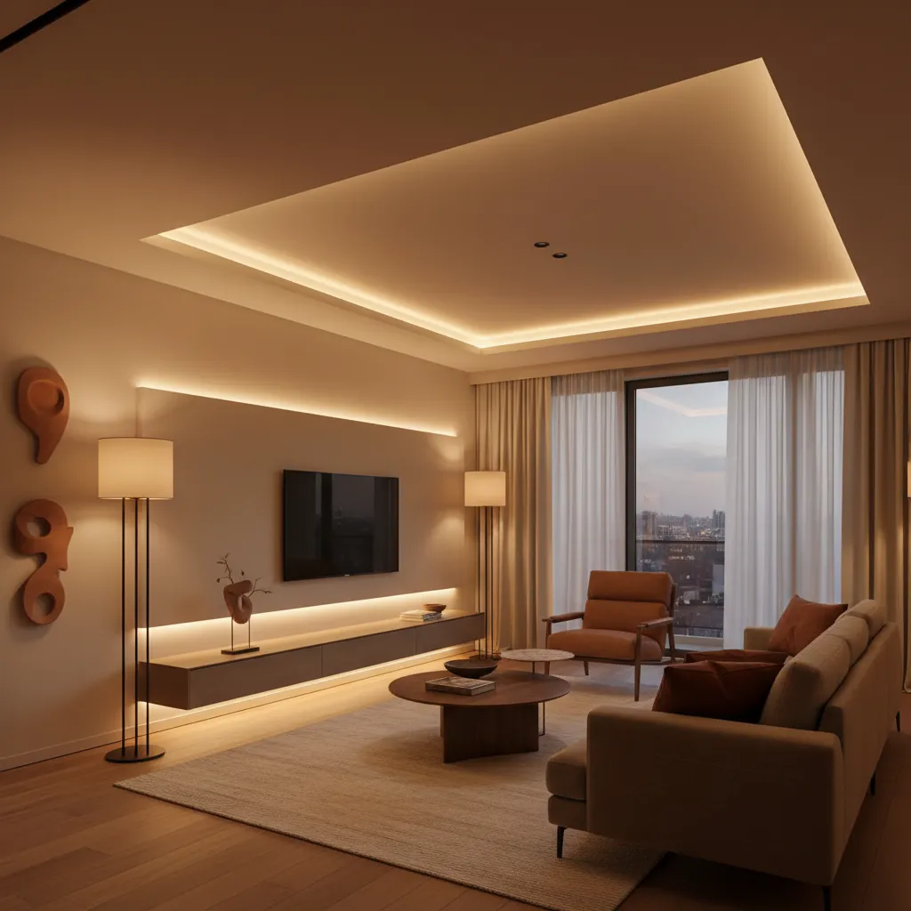 Sala moderna con iluminación ambiental, puntual e indirecta