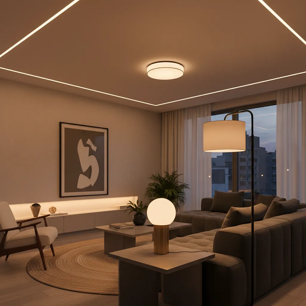 Salón con iluminación en capas con lámparas de pie, techo y mesa